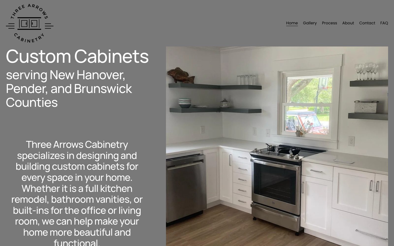 The current threearrowscabinetry.com homepage