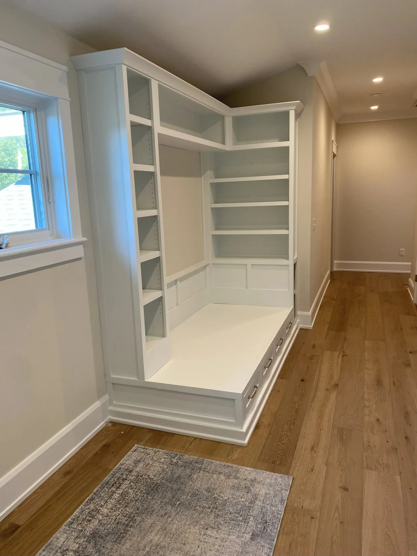 Custom built-in bench and bookshelves in a Wilmington home